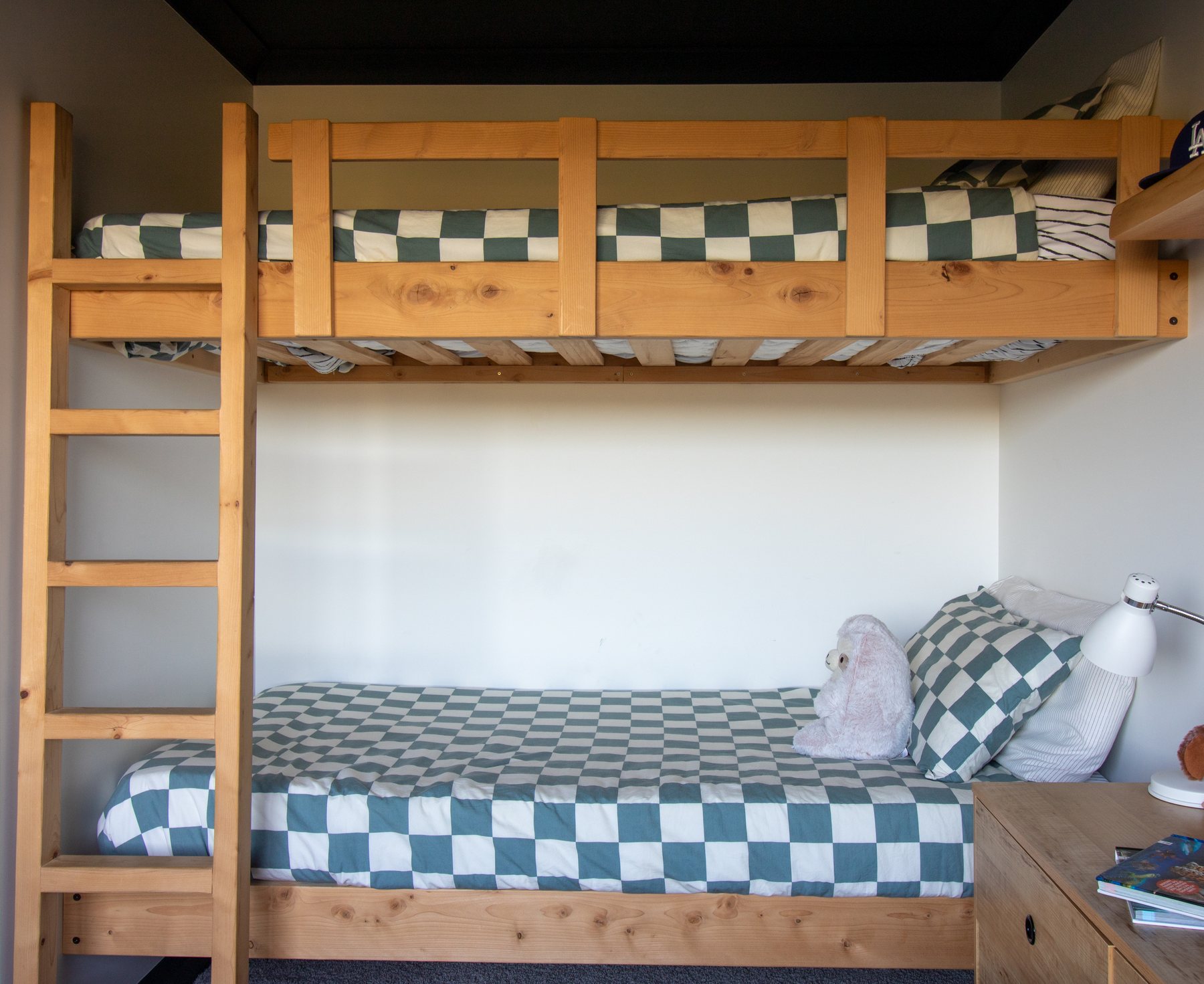 Bedroom with custom built-in macrocarpa bunks