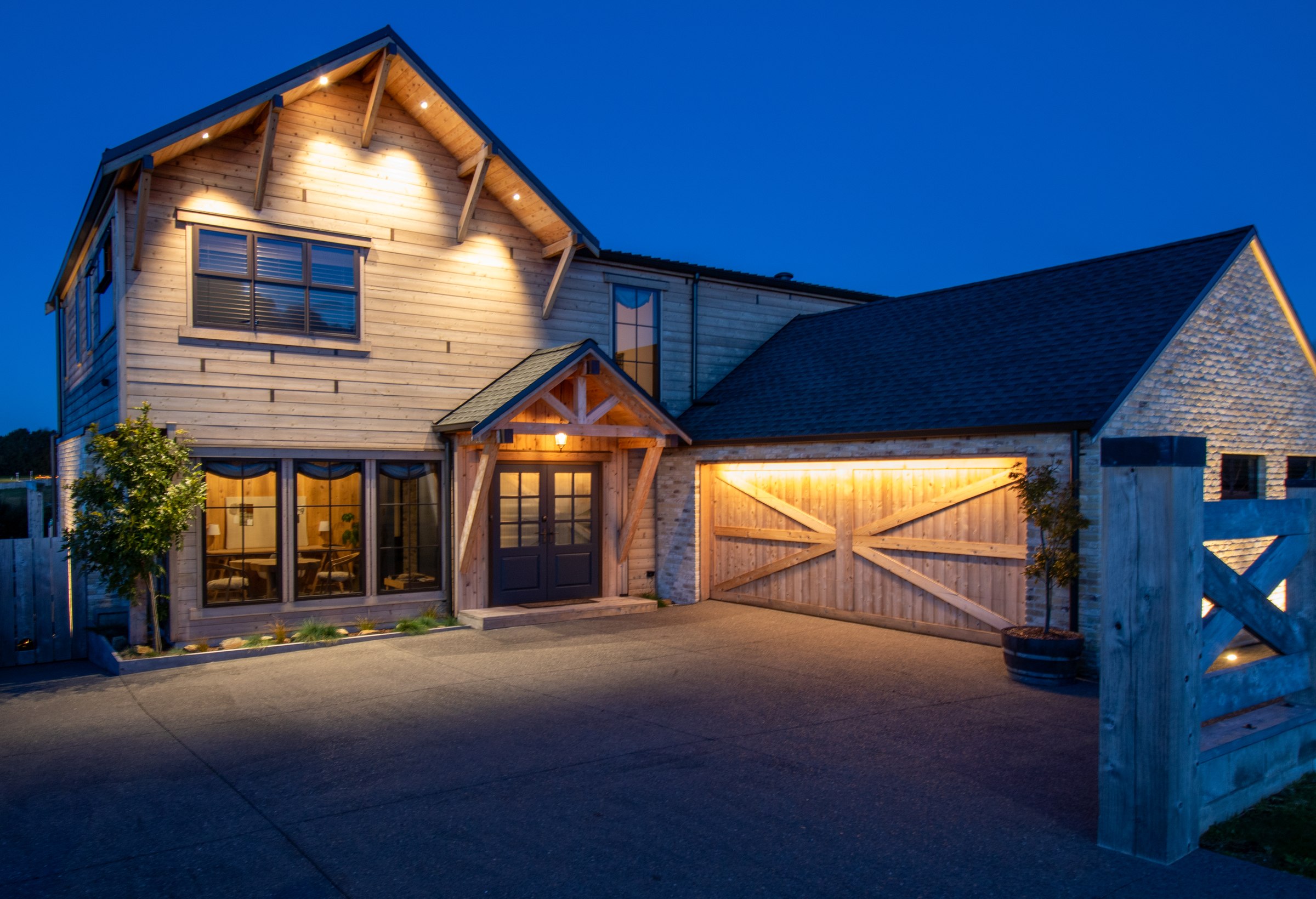 Front exterior of Big Sky Lodge at dusk